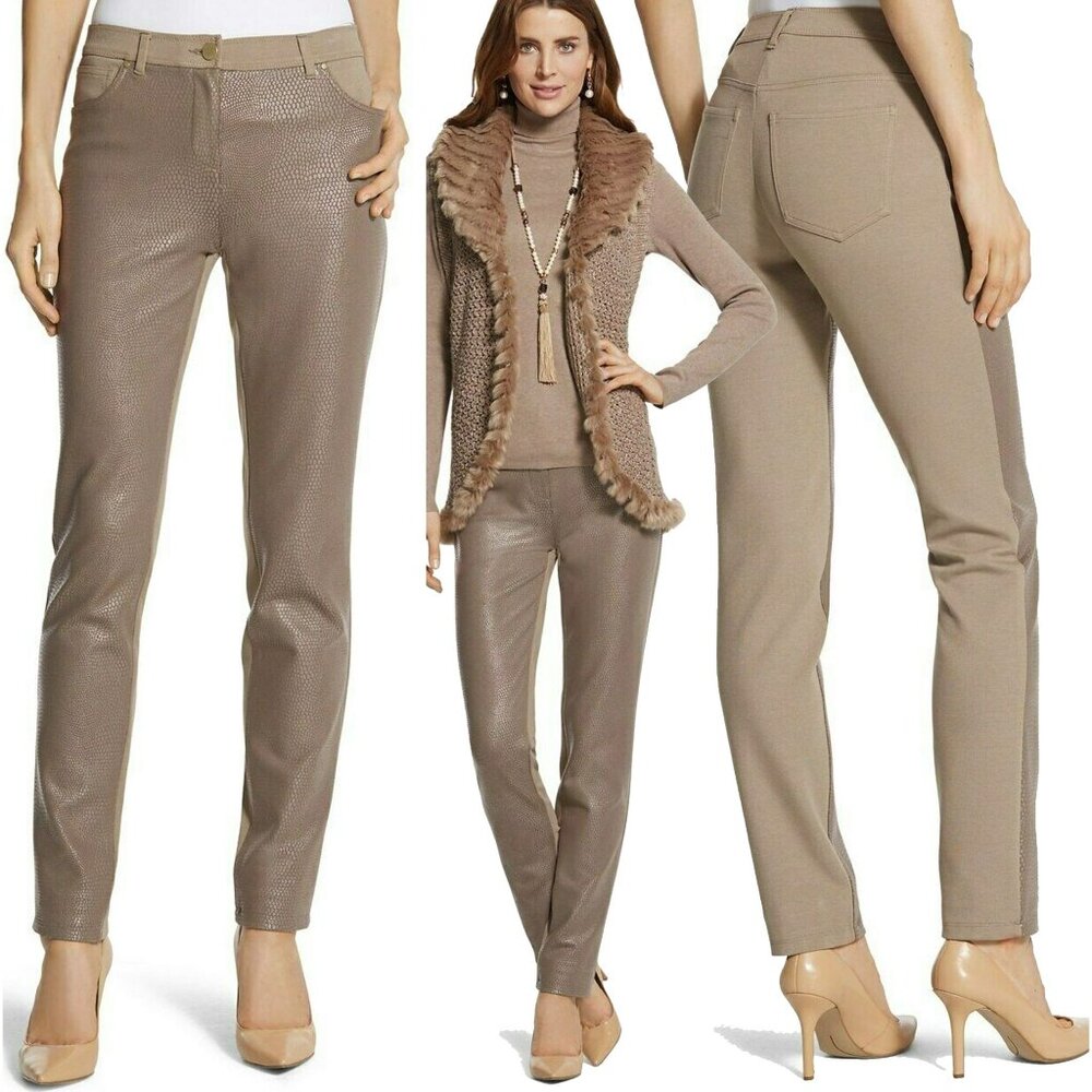 Chico's Snakeskin Foiled Piece Front Ponte Slim Pants Jeans Size 2 L/12 NWT